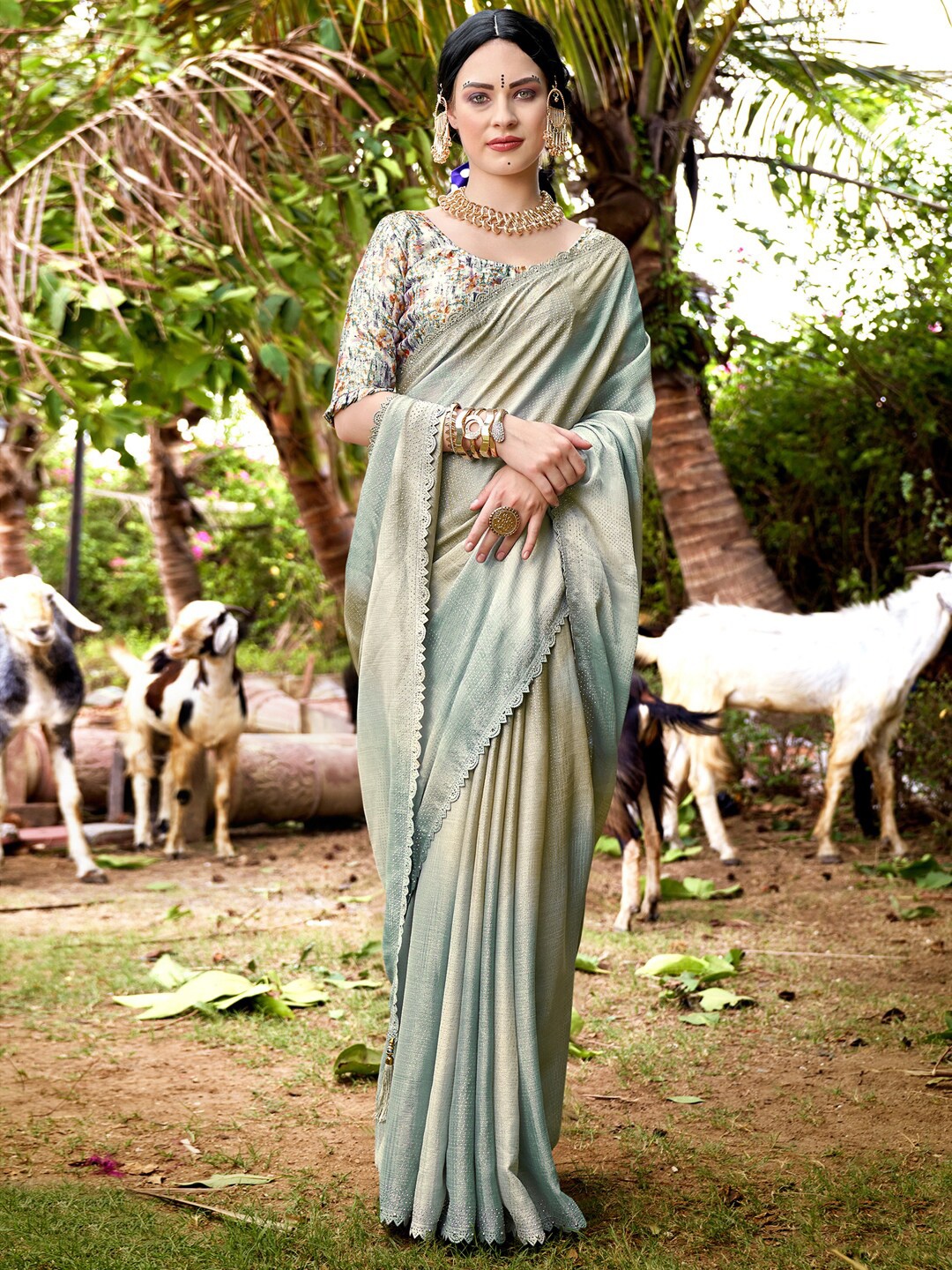

Mitera Sea Green Embellished Beads And Stones Brasso Saree