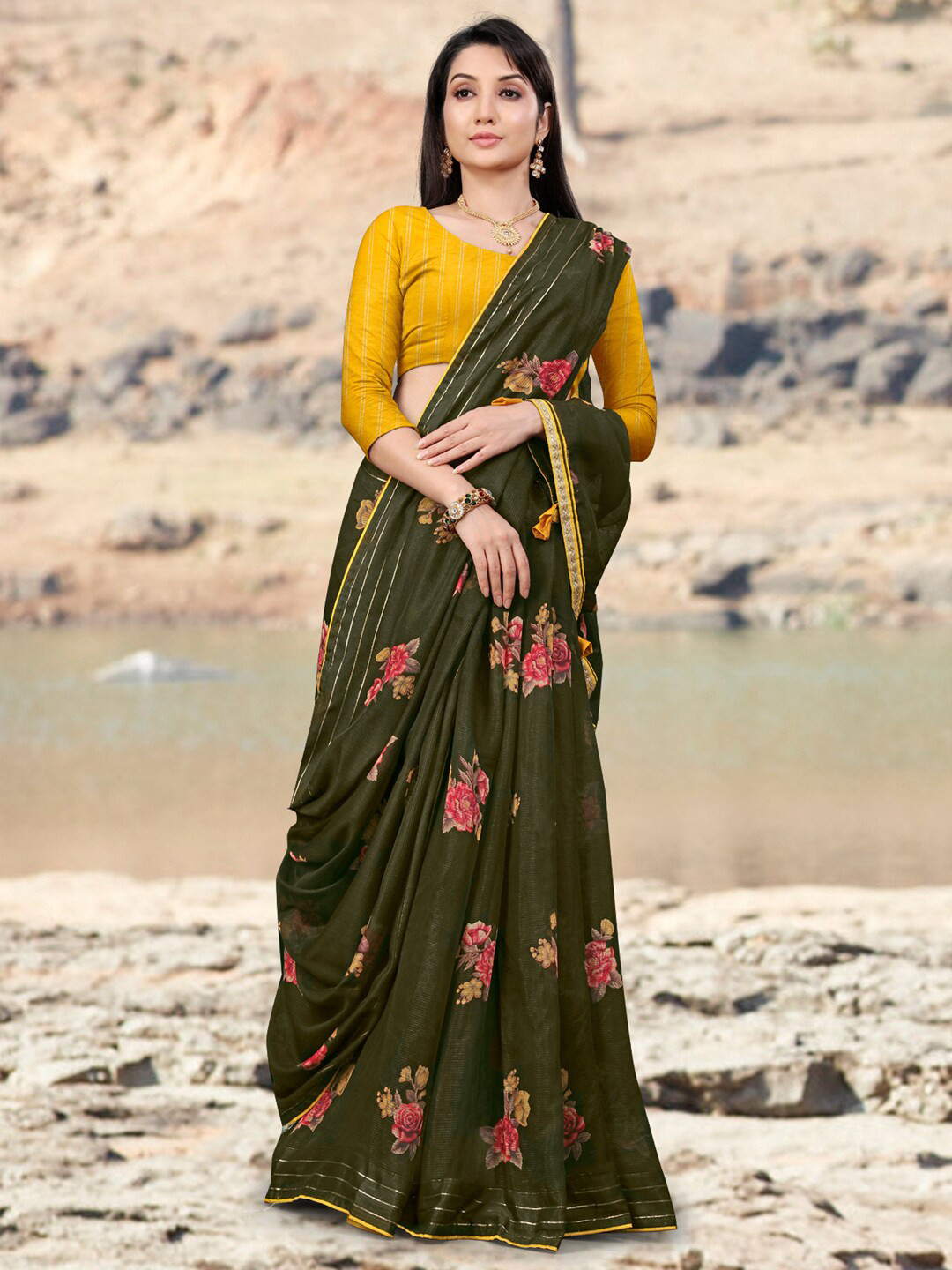 

Mitera Ethnic Motifs Printed Dabu Saree, Olive