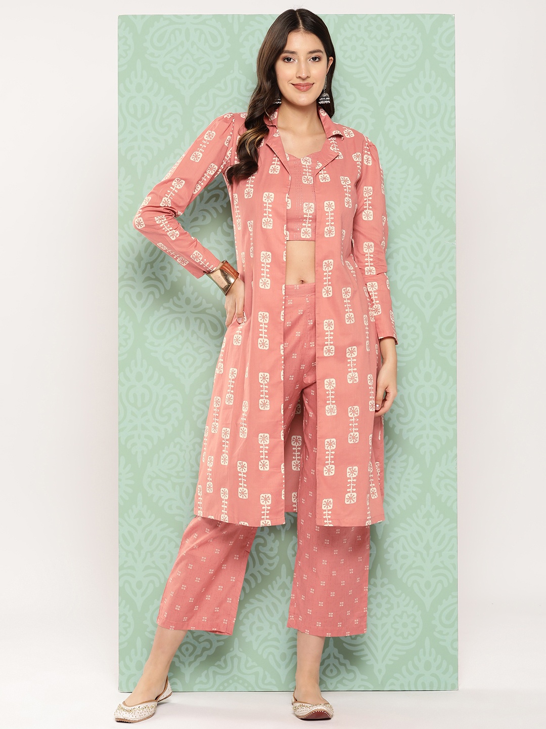 

Yufta Women Printed Cotton Top with Trousers with Shrug, Peach