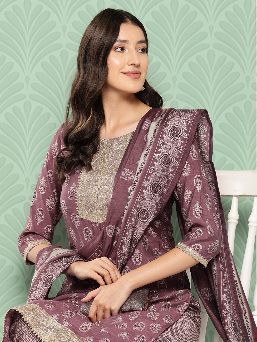 

Yufta Women Floral Yoke Design Regular Chanderi Silk Kurta with Trousers & Dupatta, Mauve
