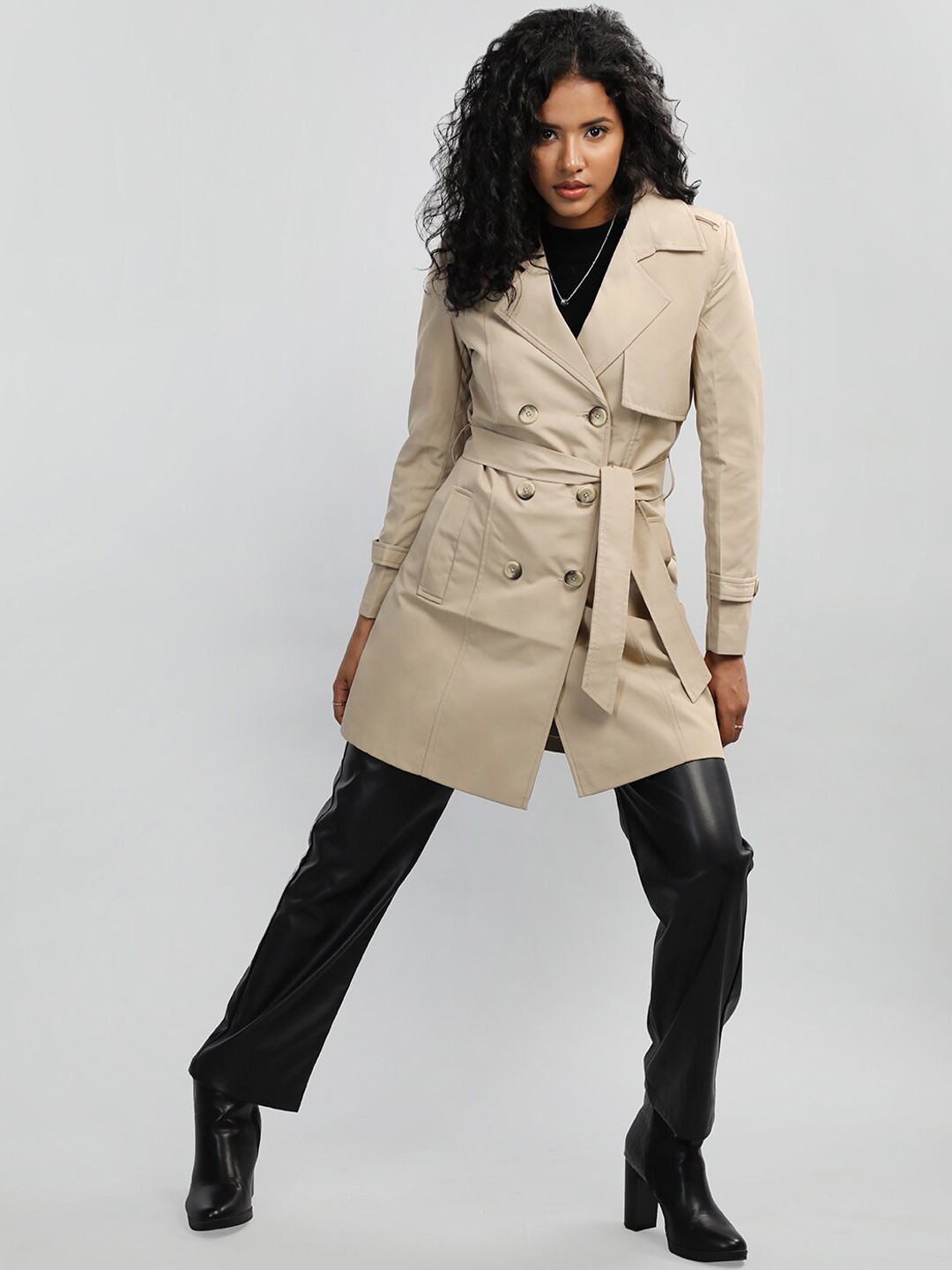 

HONNETE Notched Lapel Collar Trench Coat, Beige