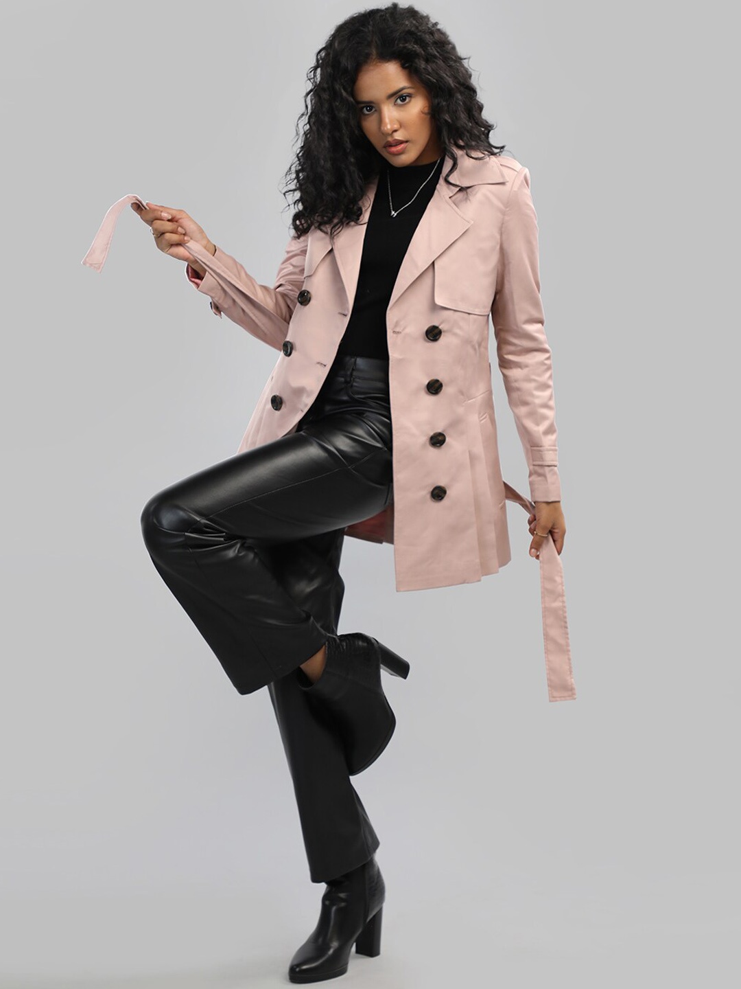 

HONNETE Notched Lapel Collar Trench Coat, Pink