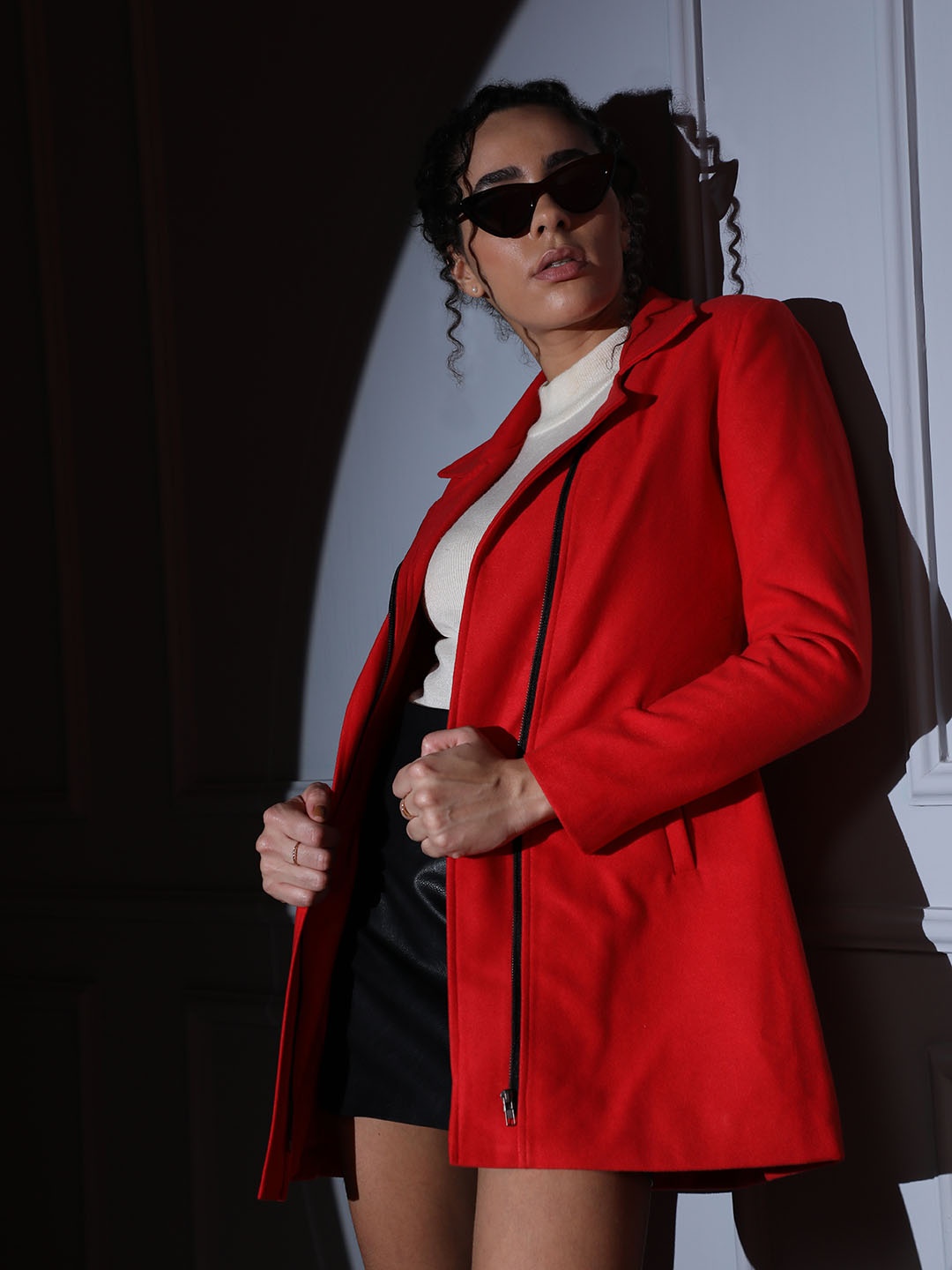 

HONNETE Notched Lapel Collar Over Coat, Red