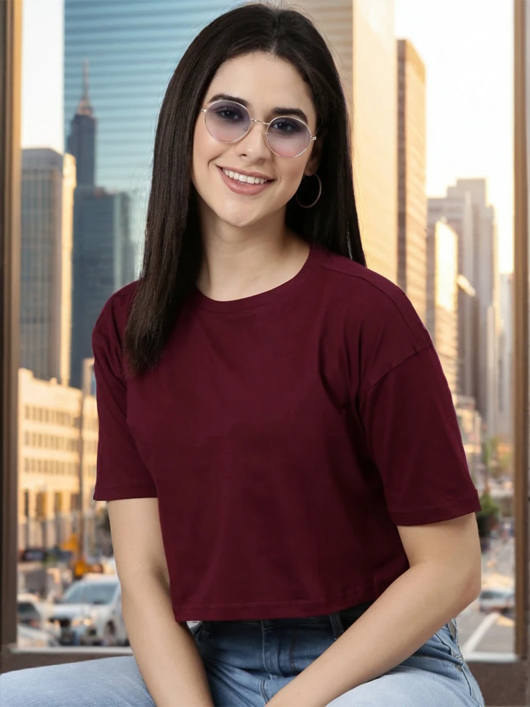 

Kryptic Women Printed Drop Shoulder Pure Cotton Oversized Crop T-shirt, Burgundy
