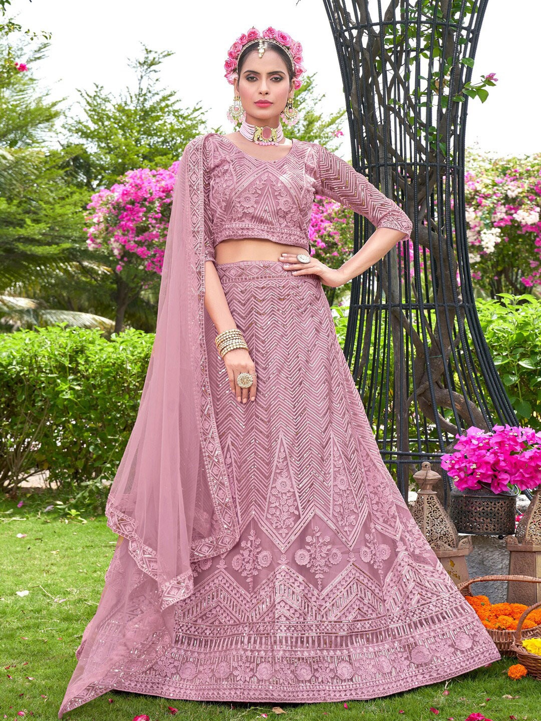 

Kvsfab Lavender Sequinned Semi-Stitched Lehenga & Blouse With Dupatta