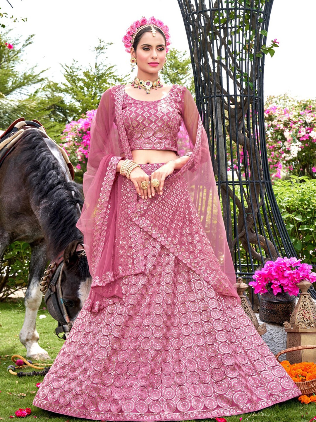 

Kvsfab Embroidered Sequinned Semi-Stitched Lehenga & Blouse With Dupatta, Pink