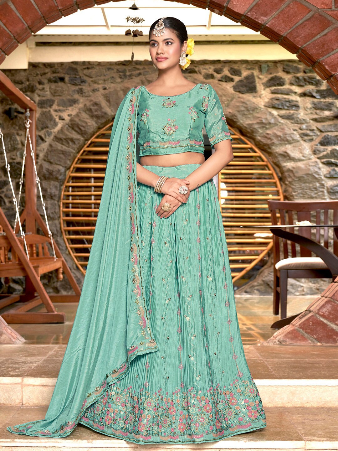 

Kvsfab Ethnic Motifs Embroidered Sequinned Semi-Stitched Lehenga & Blouse With Dupatta, Turquoise blue