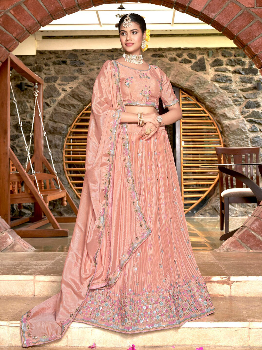 

Kvsfab Embroidered Sequinned Semi-Stitched Lehenga & Blouse With Dupatta, Peach