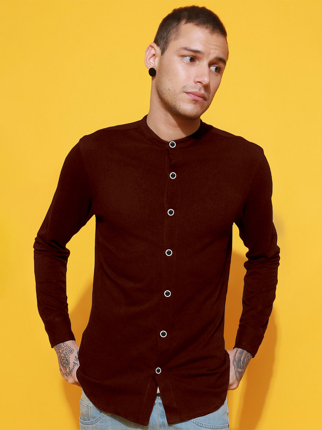 

FTX Standard Mandarin Collar Long Sleeve Casual Shirt, Maroon