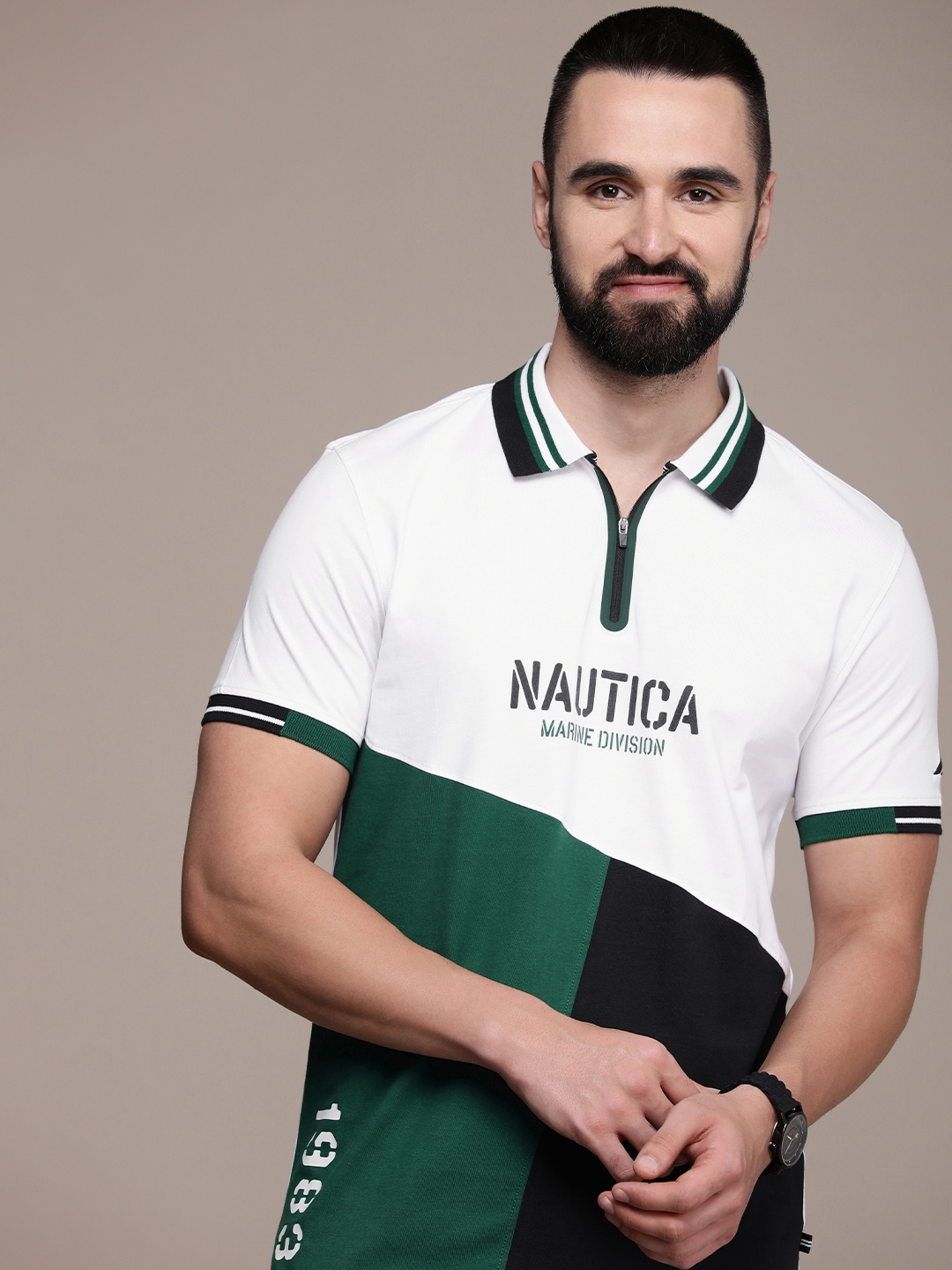 

Nautica Colourblocked Polo Collar Pure Cotton T-shirt, White