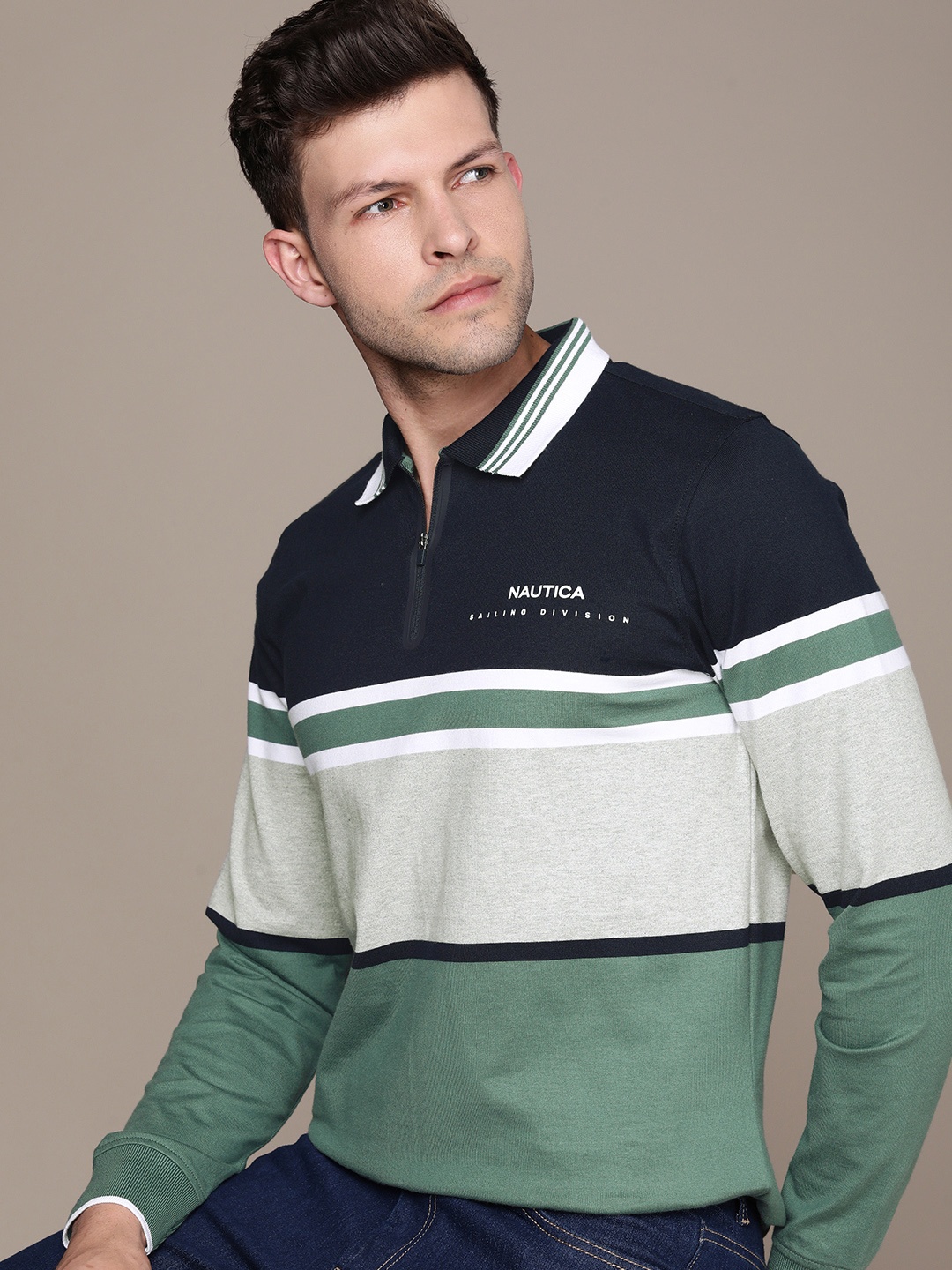 

Nautica Colourblocked Polo Collar Pure Cotton T-shirt, Green