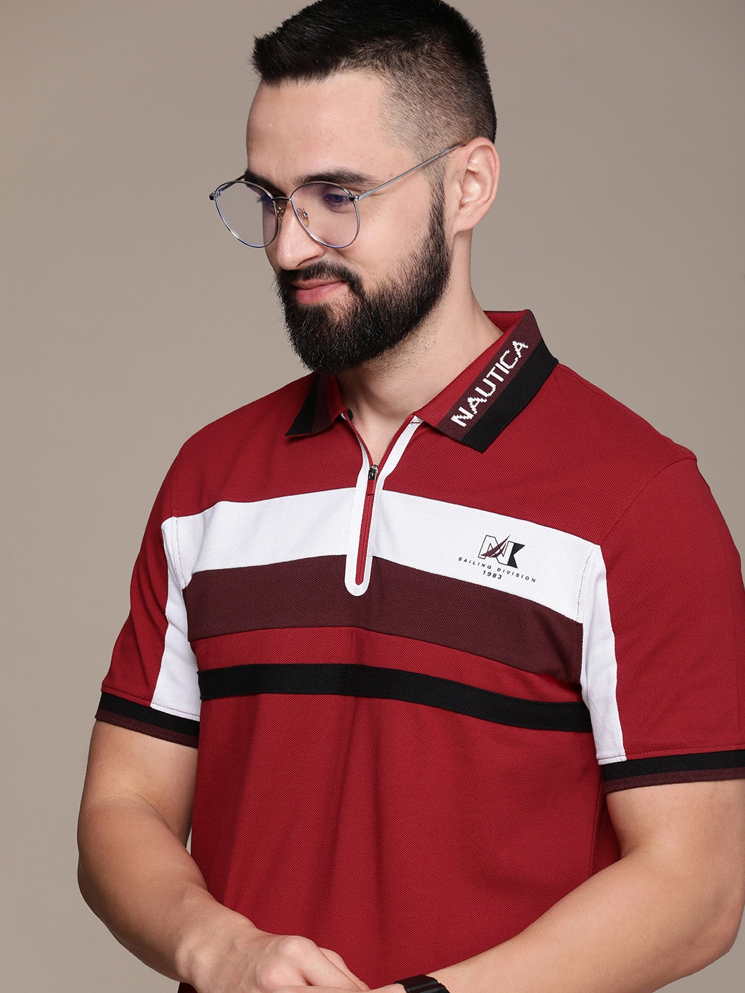 

Nautica Striped Polo Collar Pure Cotton T-shirt, Red