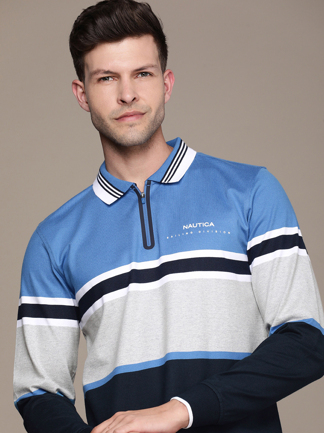 

Nautica Colourblocked Polo Collar Pure Cotton T-shirt, Blue