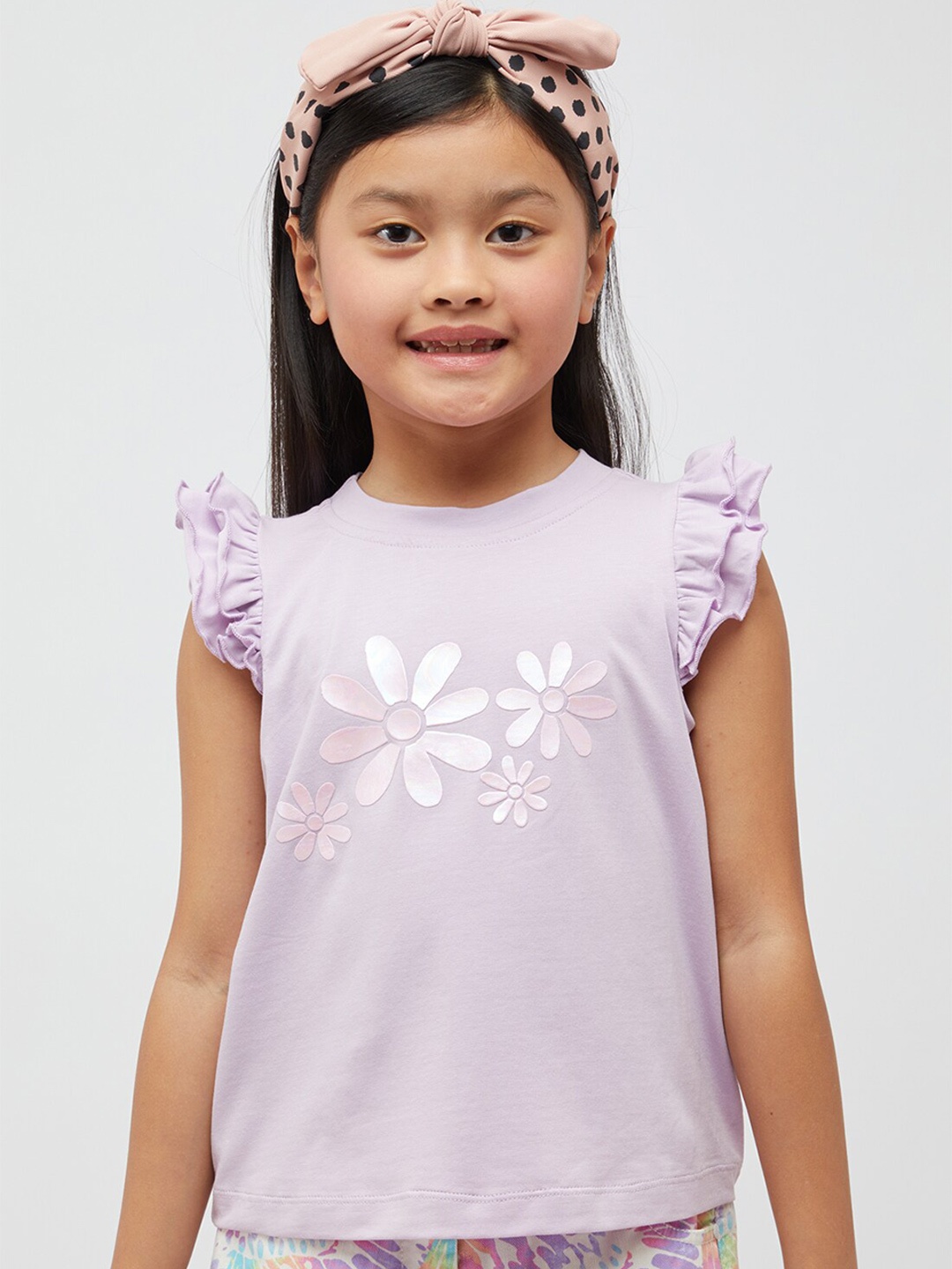 

One Friday Girls Floral Printed Flutter Sleeve Cotton Top, Purple