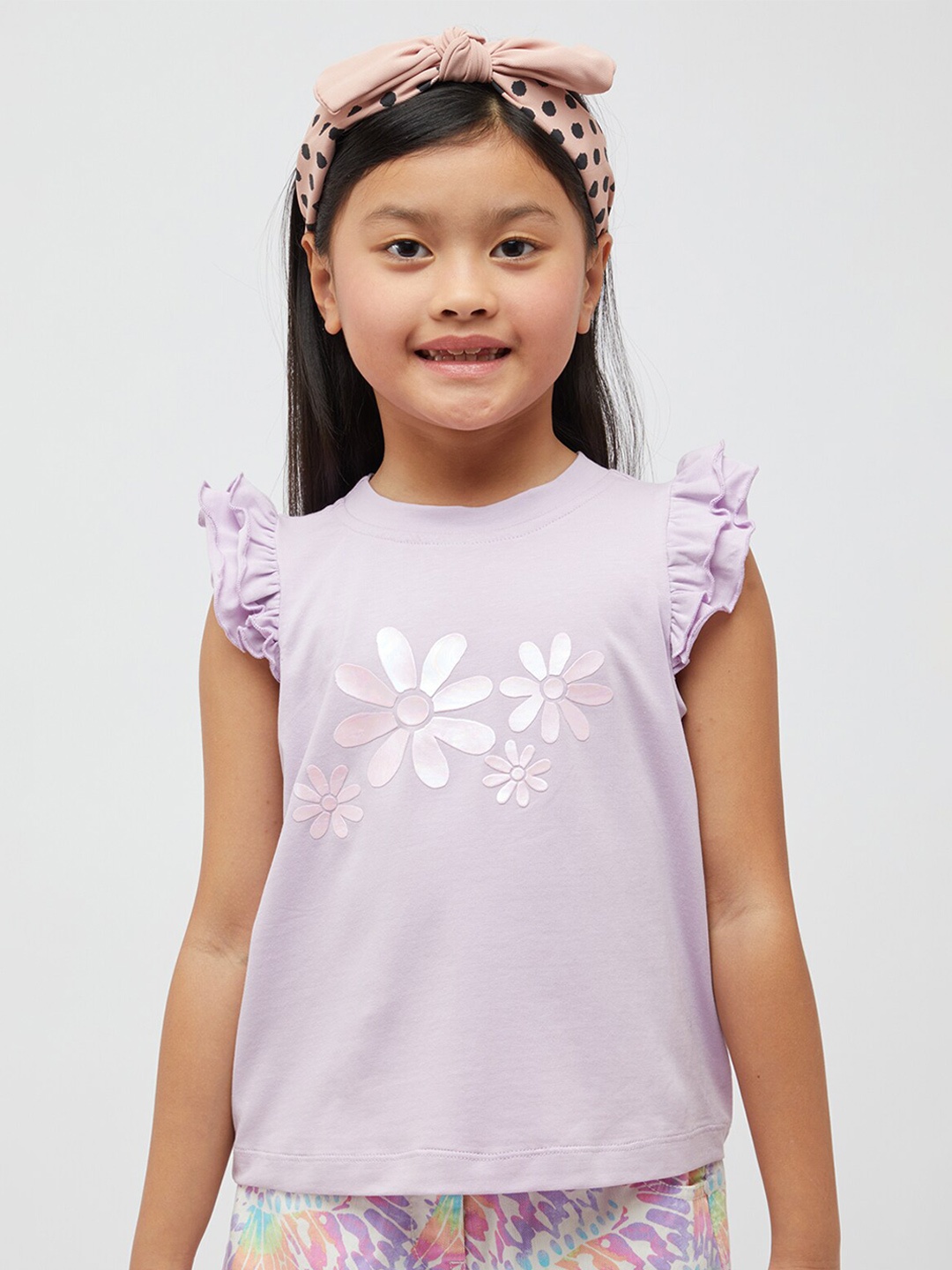 

One Friday Girls Floral Printed Flutter Sleeve Cotton Top, Purple