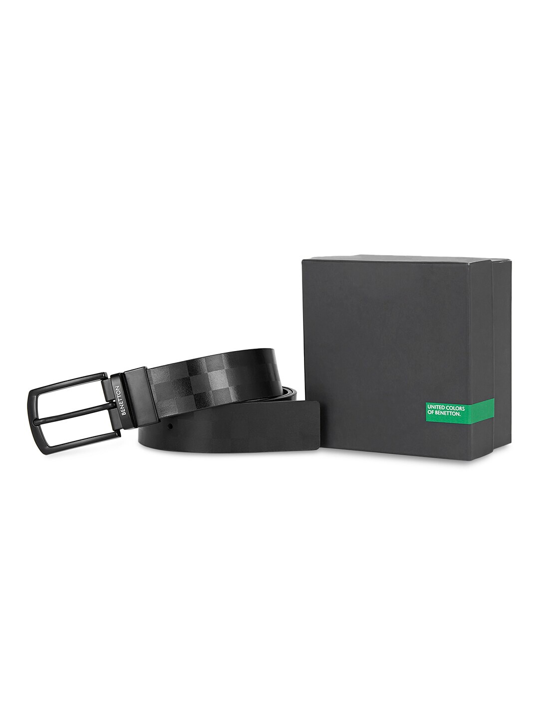 

United Colors of Benetton Men Checked Leather Reversible Belt, Black