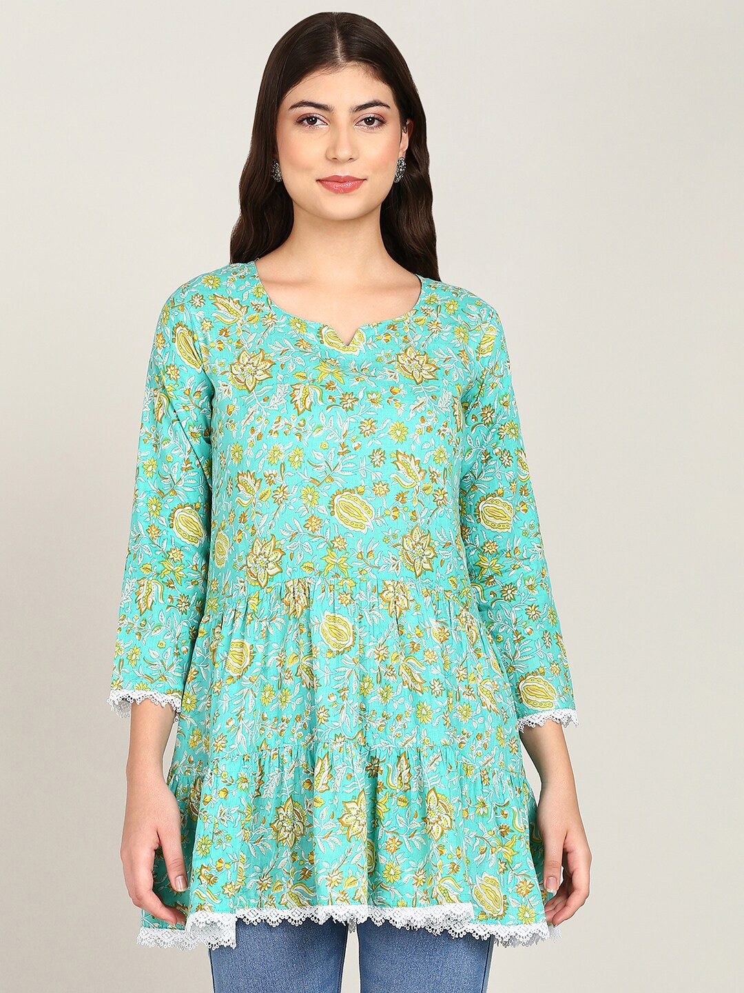 

VAHSON Floral Print Ethnic Cotton Longline Top, Green