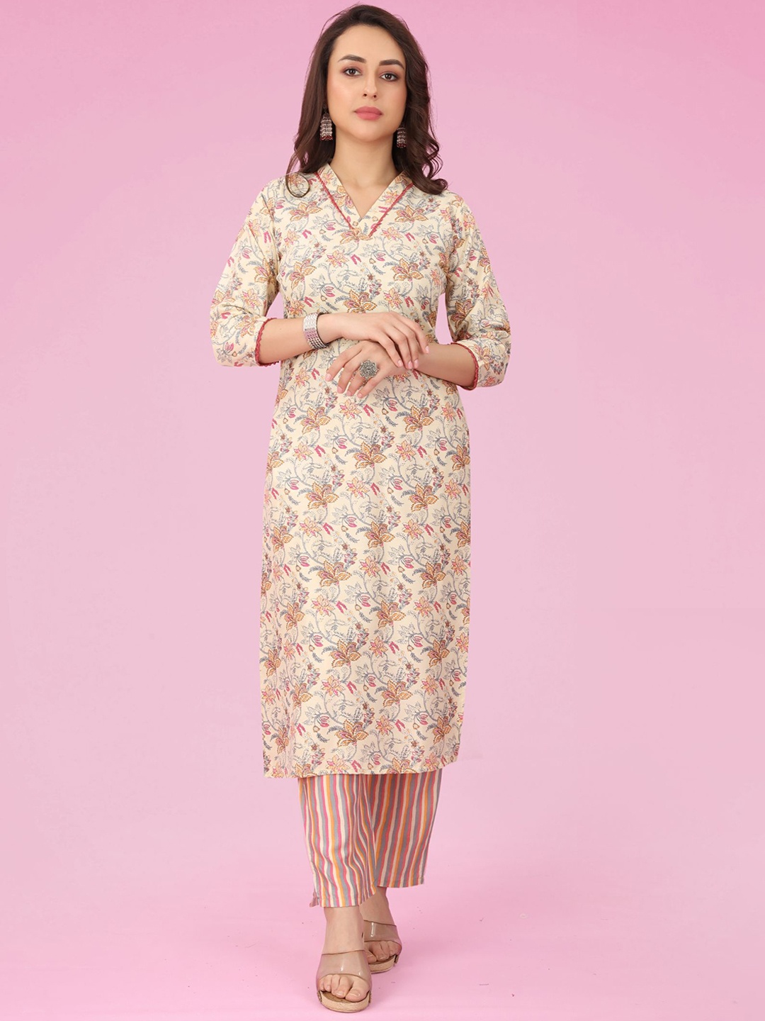 

KALINI Floral Printed Lace Detail Straight Kurta & Trousers, Cream