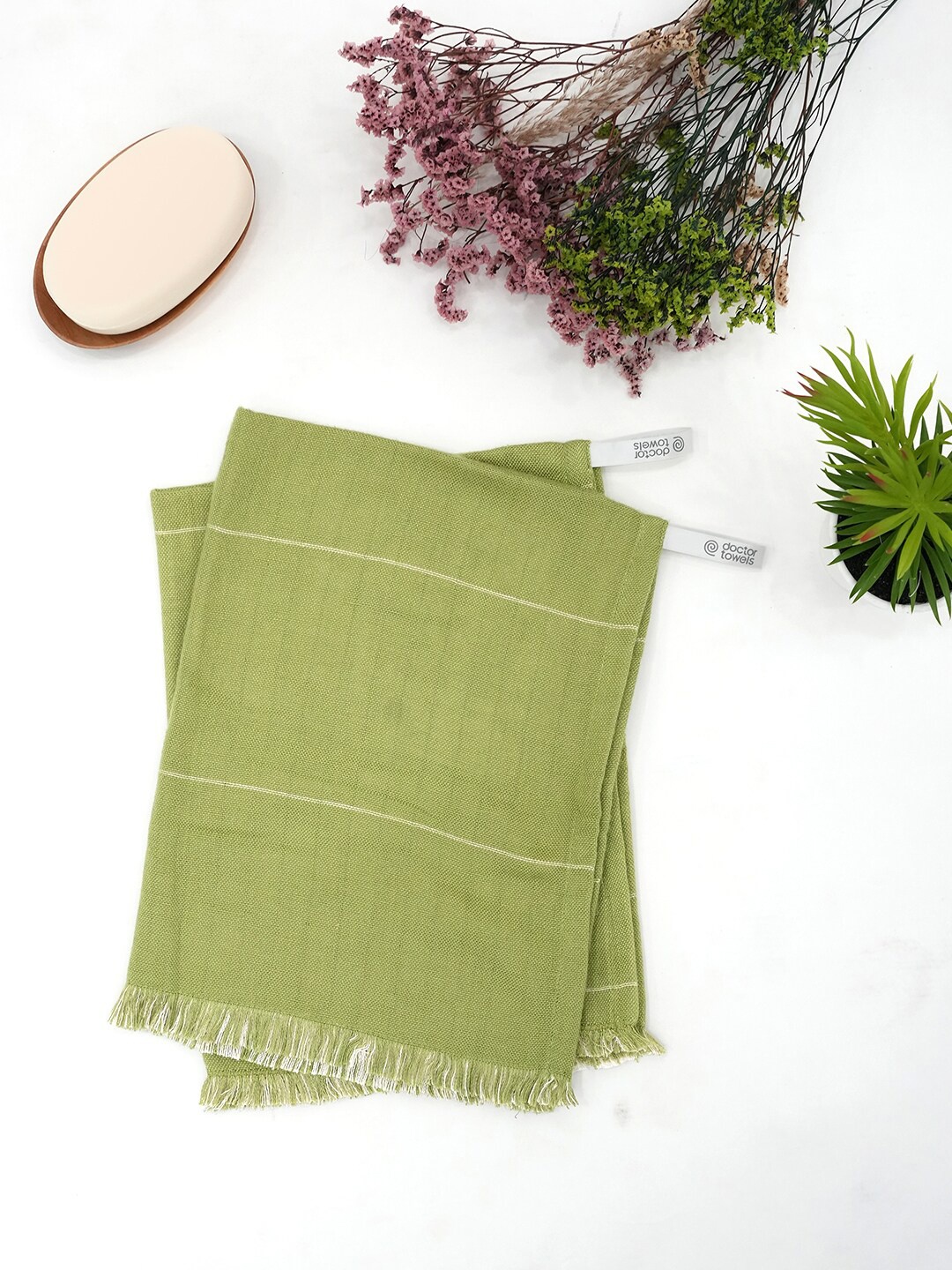 

Doctor Towels Set of 2 Striped Aloevera Double Cloth Hand Towel, Green