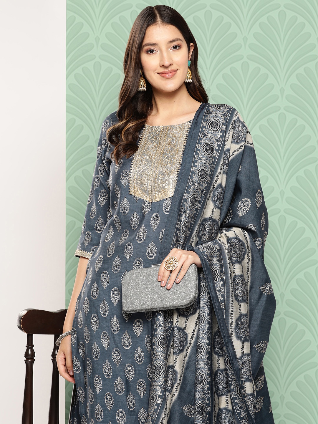 

Yufta Women Ethnic Motifs Yoke Design Regular Chanderi Silk Kurta with Trousers & Dupatta, Blue