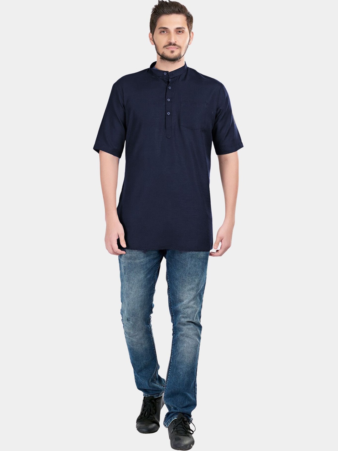 

SHIWAM ETHNIX Mandarin Collar Cotton Short Kurta, Navy blue