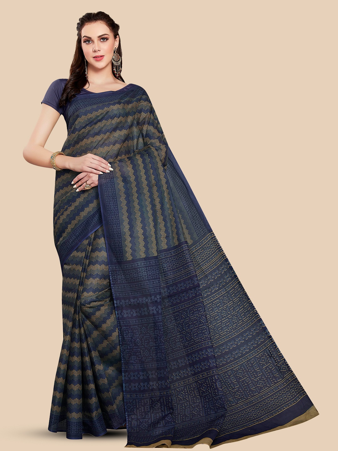 

Rani Saahiba Geometric Printed Pure Cotton Block Print Saree, Blue