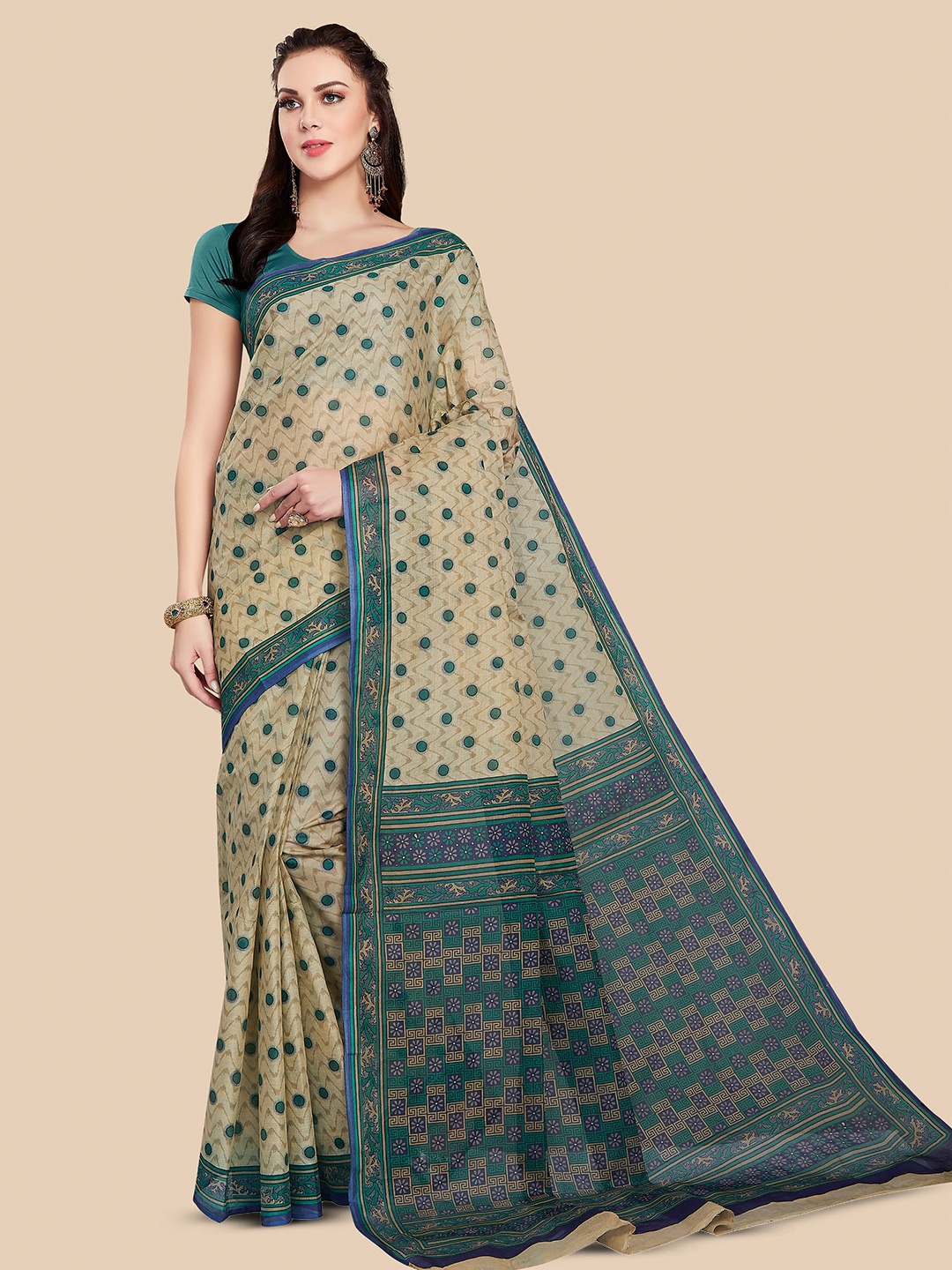 

Rani Saahiba Geometric Printed Pure Cotton Saree, Beige