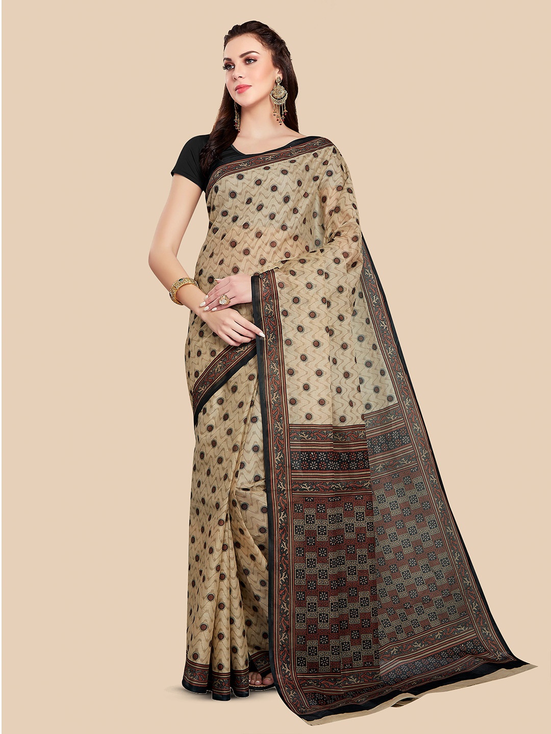 

Rani Saahiba Geometric Printed Pure Cotton Saree, Beige