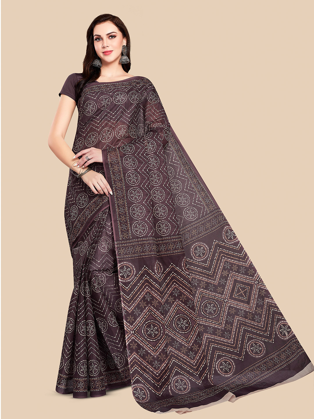 

Rani Saahiba Ethnic Motifs Printed Pure Cotton Baluchari Saree, Brown