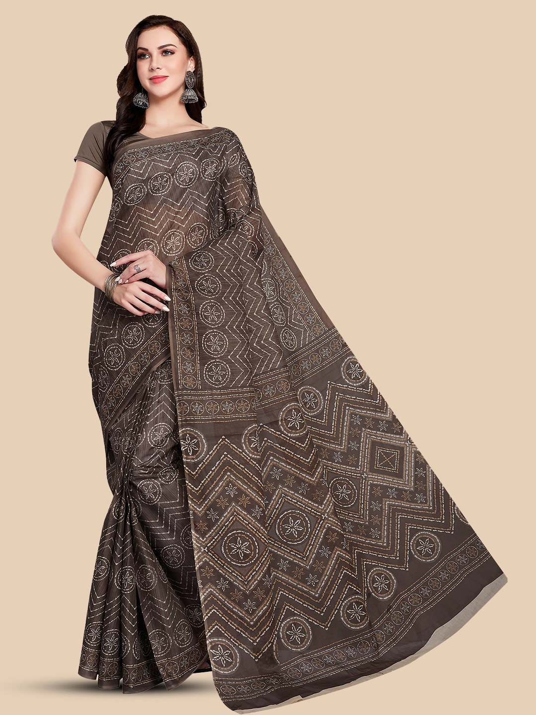 

Rani Saahiba Ethnic Motifs Printed Pure Cotton Baluchari Saree, Brown