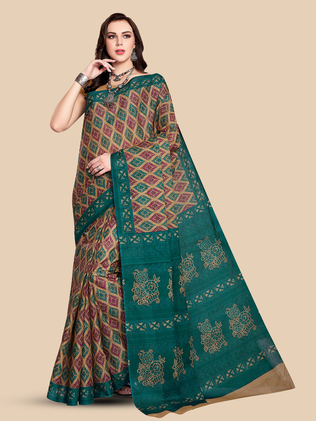 

Rani Saahiba Ethnic Motifs Printed Pure Cotton Baluchari Saree, Turquoise blue