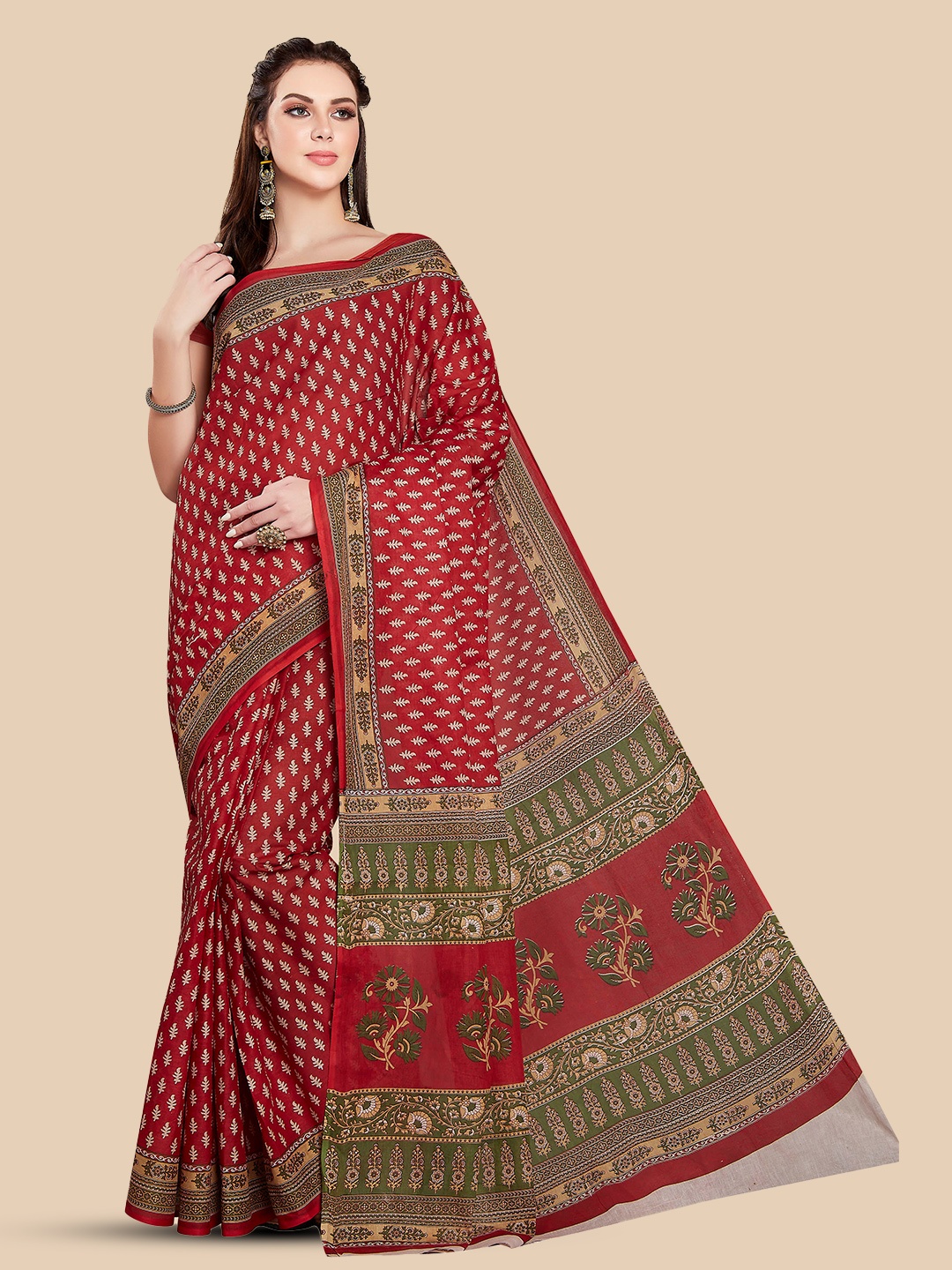 Rani Saahiba Ethnic Motifs Printed Pure Cotton Dabu Saree, Red