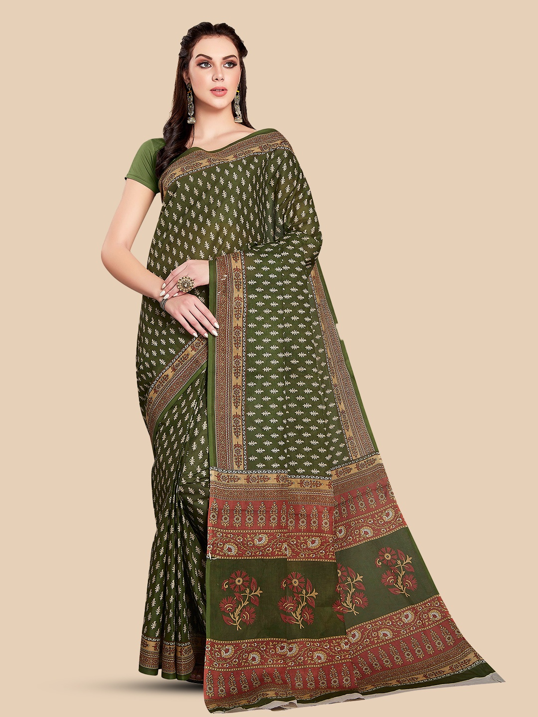 

Rani Saahiba Ethnic Motifs Printed Pure Cotton Dabu Saree, Green