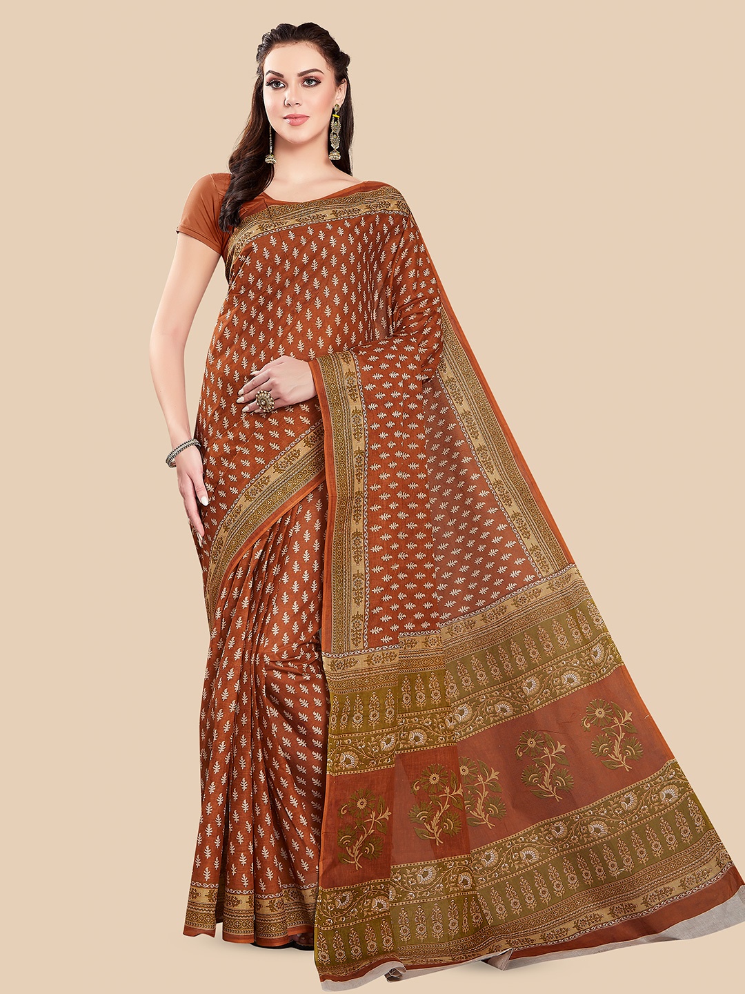 

Rani Saahiba Bronze-Toned & White Dabu Pure Cotton Dabu Saree