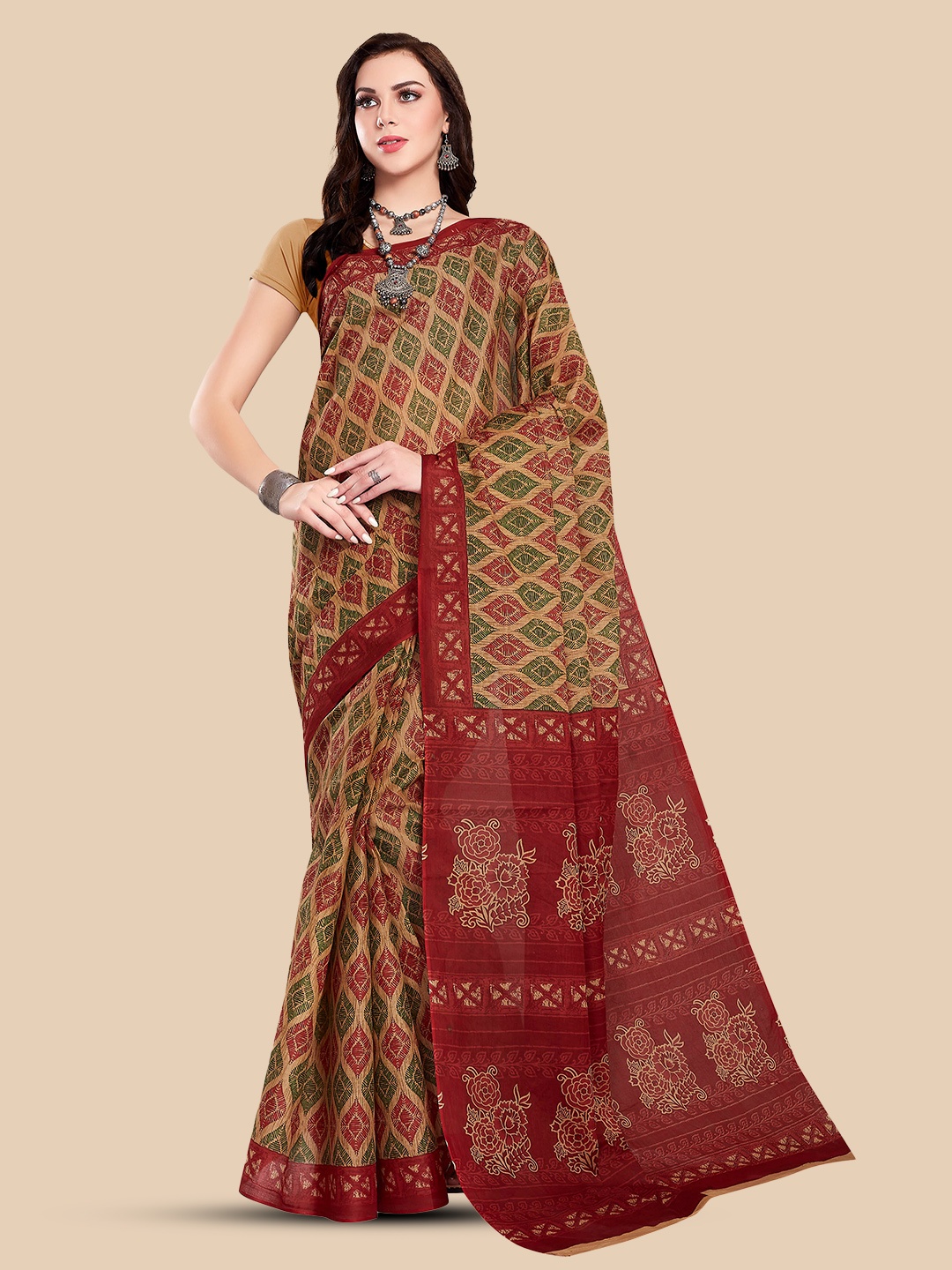 

Rani Saahiba Ethnic Motifs Printed Pure Cotton Baluchari Saree, Red
