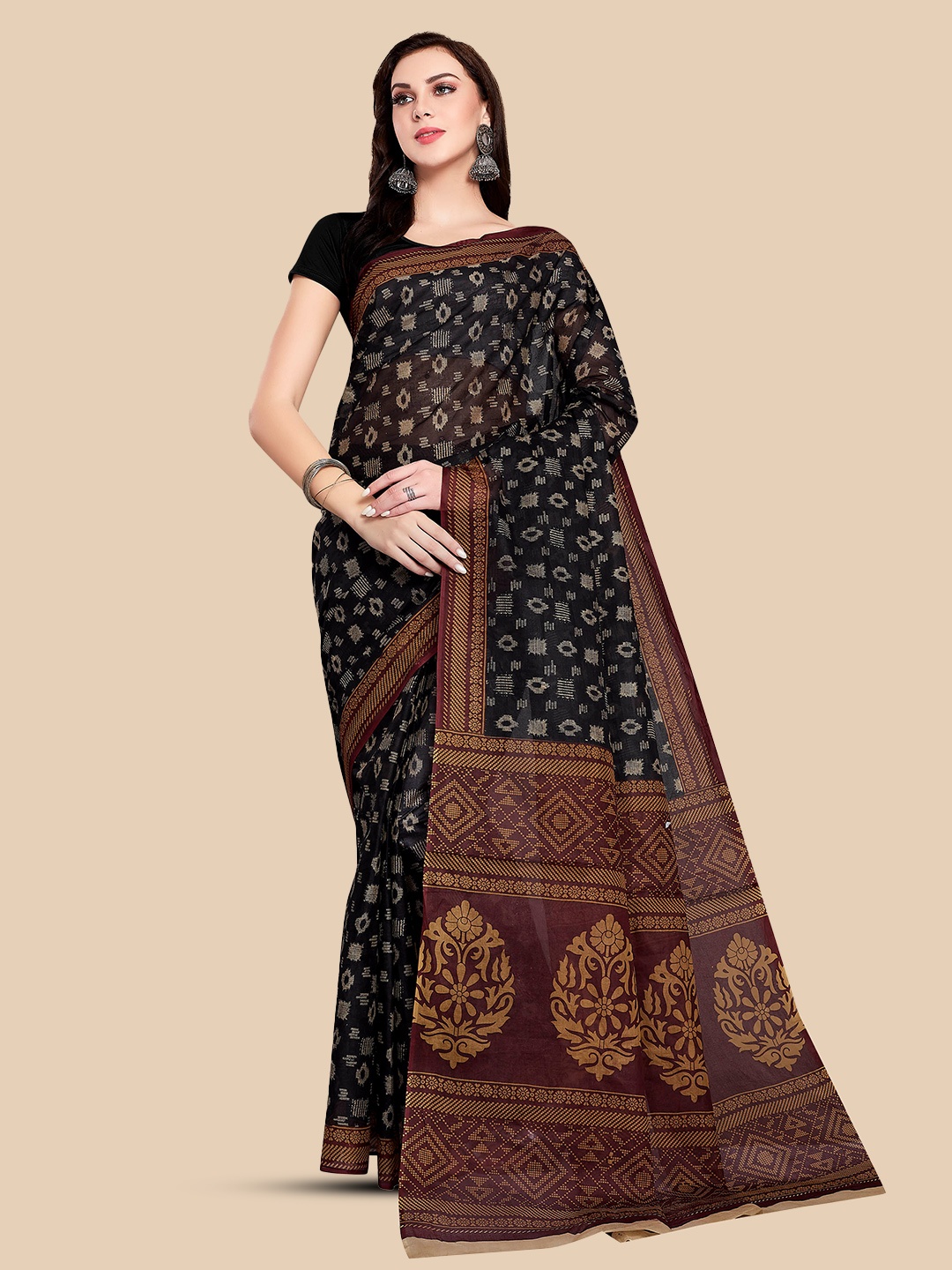 

Rani Saahiba Ethnic Motifs Printed Pure Cotton Saree, Black