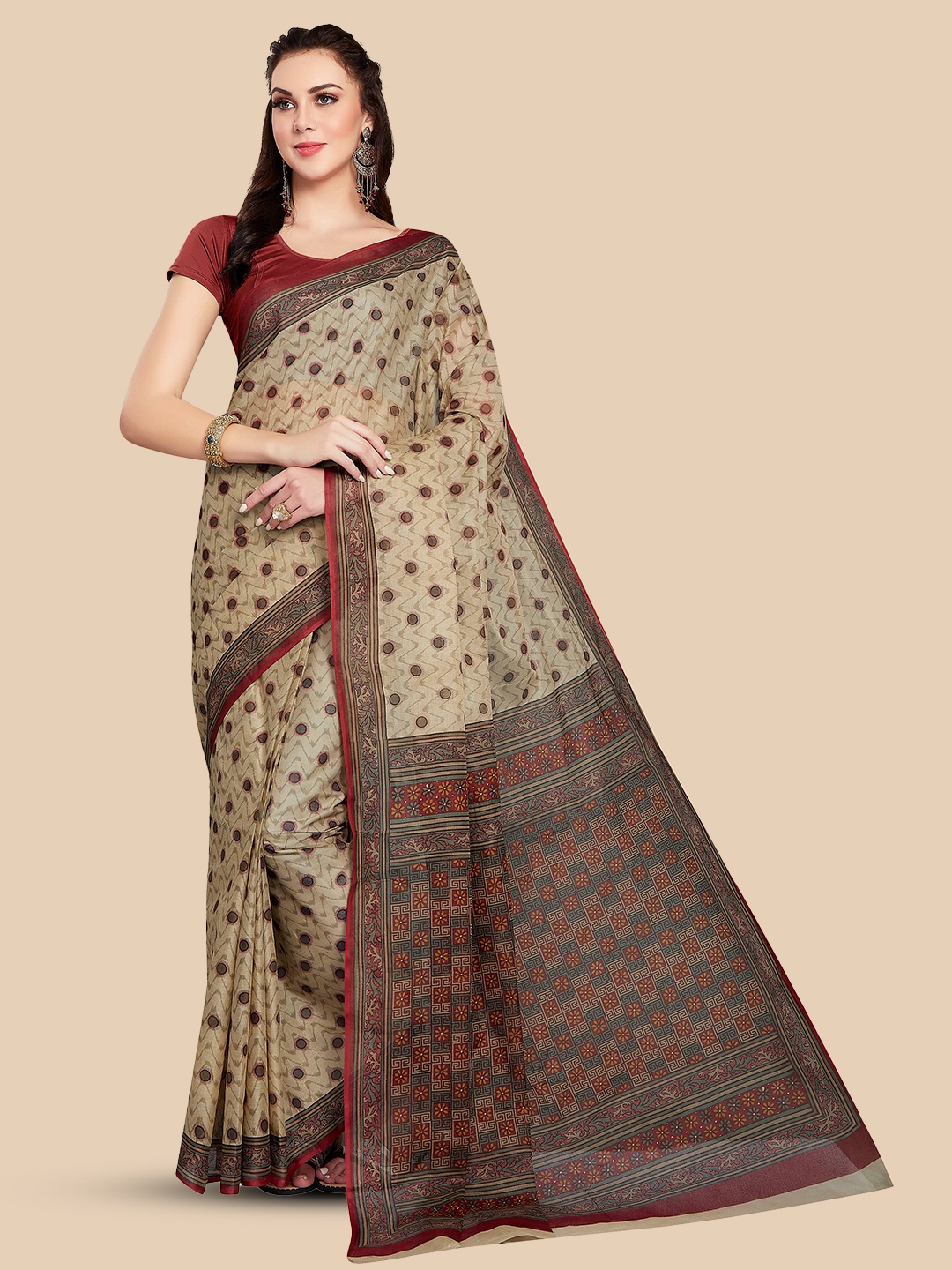 

Rani Saahiba Ethnic Motifs Printed Pure Cotton Saree, Beige