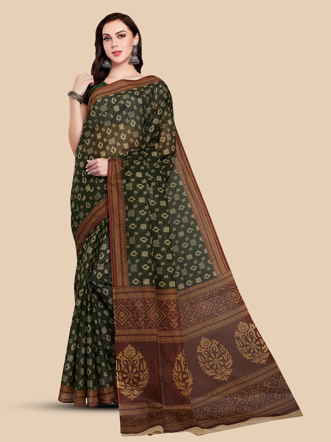 

Rani Saahiba Ethnic Motifs Printed Pure Cotton Saree, Green