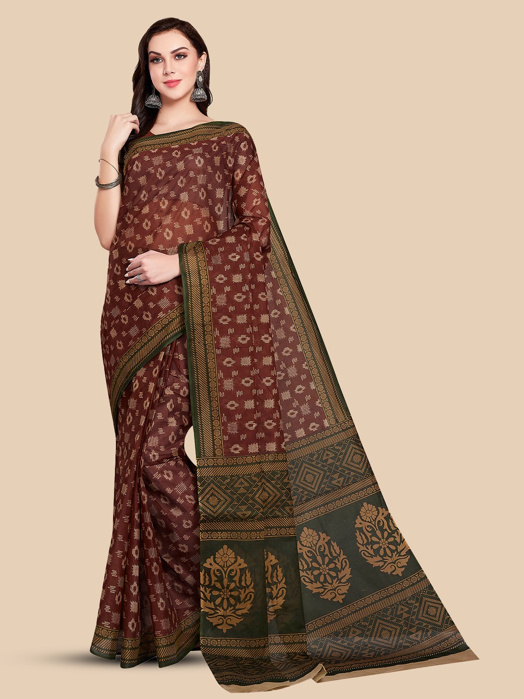 

Rani Saahiba Ethnic Motifs Printed Pure Cotton Sambalpuri Saree, Brown