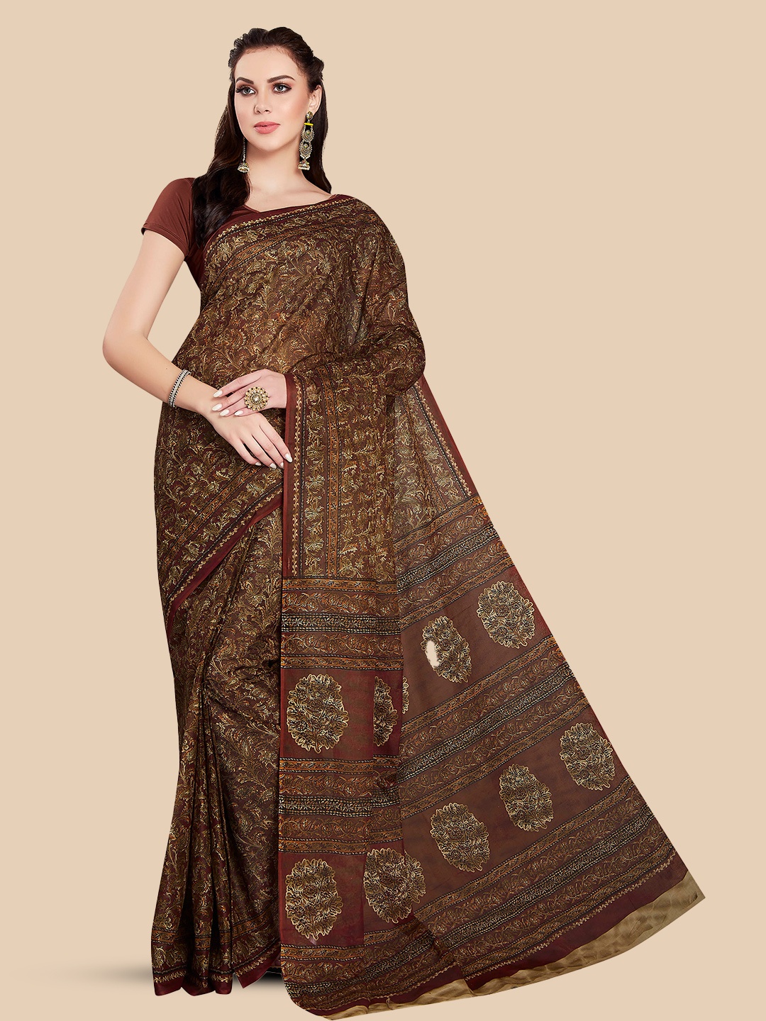 

Rani Saahiba Paisley Printed Pure Cotton Saree, Brown