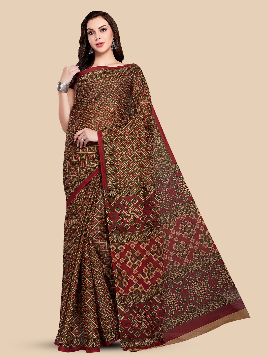 Rani Saahiba Ethnic Motifs Printed Pure Cotton Saree, Red