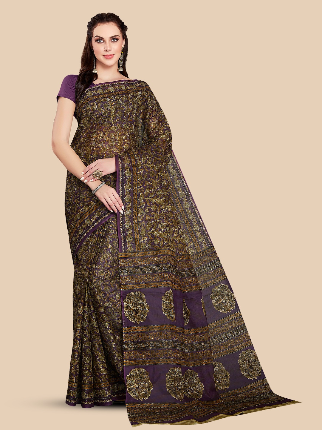 

Rani Saahiba Paisley Printed Pure Cotton Saree, Purple