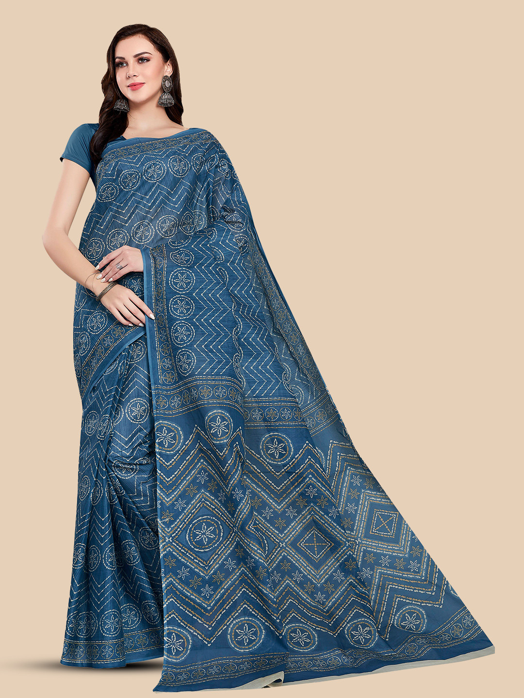 

Rani Saahiba Ethnic Motifs Printed Pure Cotton Saree, Blue