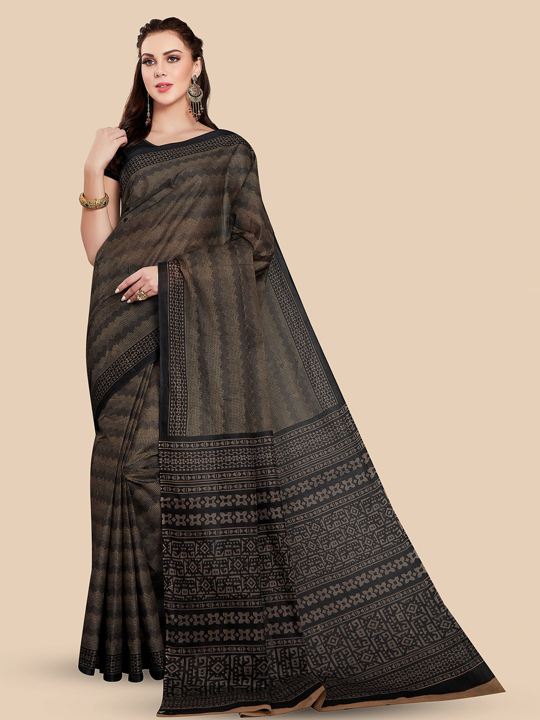

Rani Saahiba Striped Pure Cotton Saree, Black