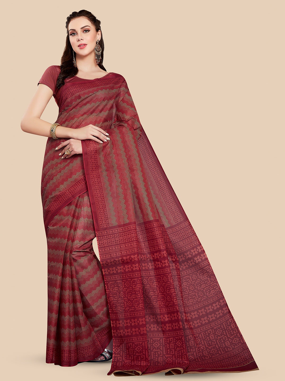 

Rani Saahiba Striped Pure Cotton Saree, Red