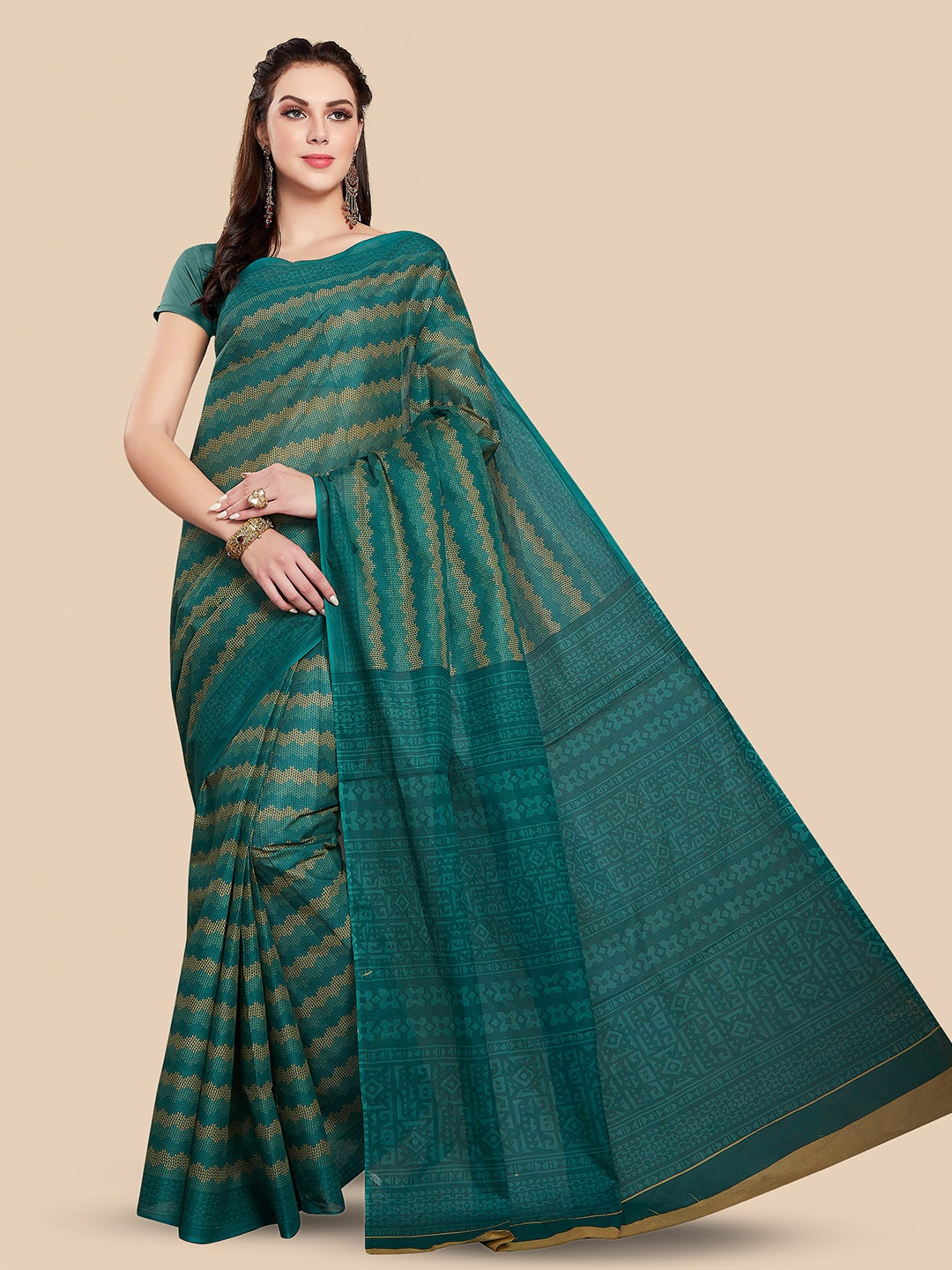 

Rani Saahiba Striped Pure Cotton Saree, Green