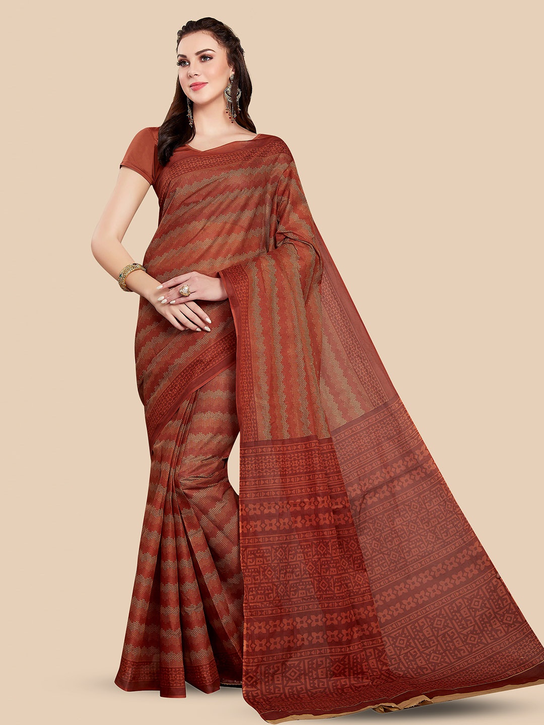 

Rani Saahiba Striped Pure Cotton Saree, Brown