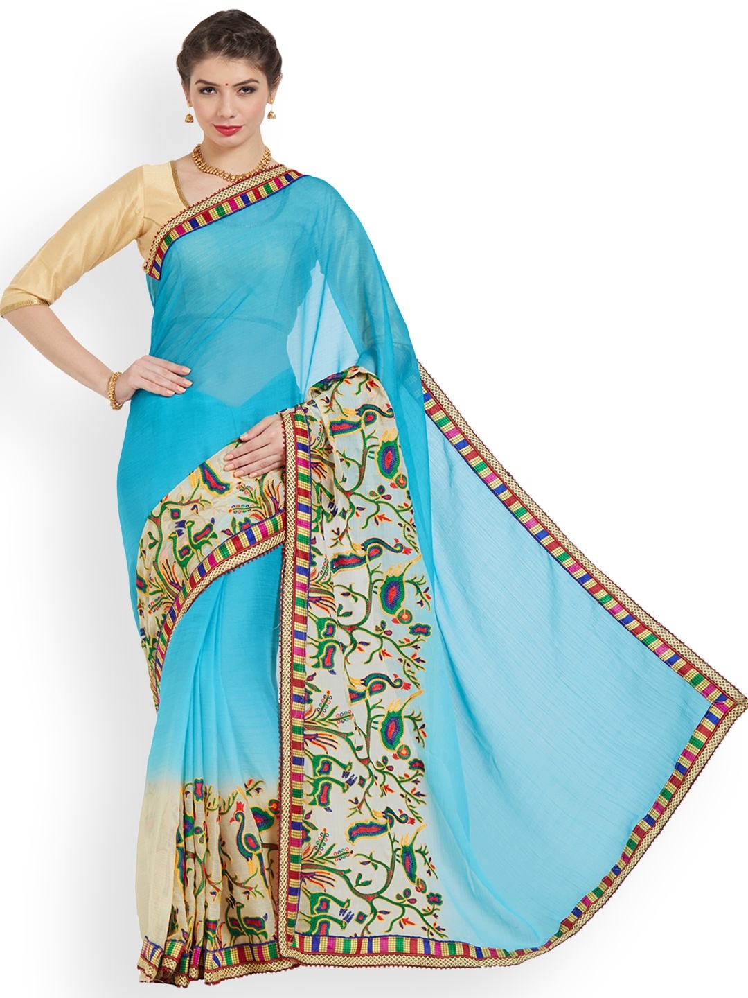

Kvsfab Blue & Beige Poly Chiffon Embroidered Saree