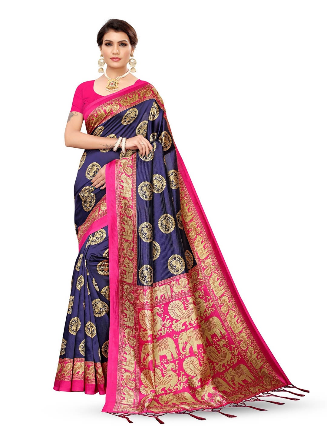 

KALINI Woven Design Zari Saree, Navy blue