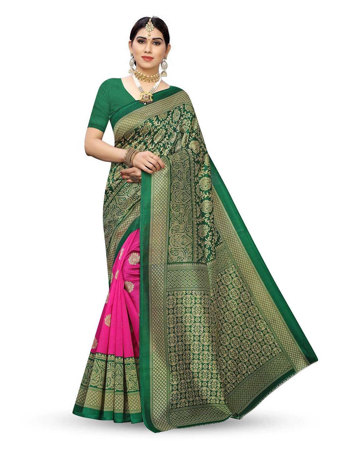 

KALINI Woven Design Zari Half and Half Saree, Pink